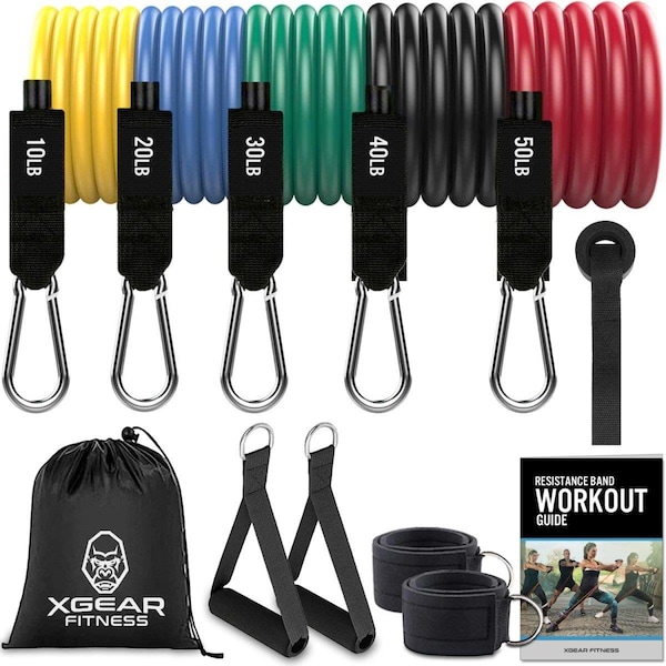 Xgear Fitness Exercise Resistance Band Set with Handles - 11 Piece - FIT-XGTUBE-SET1