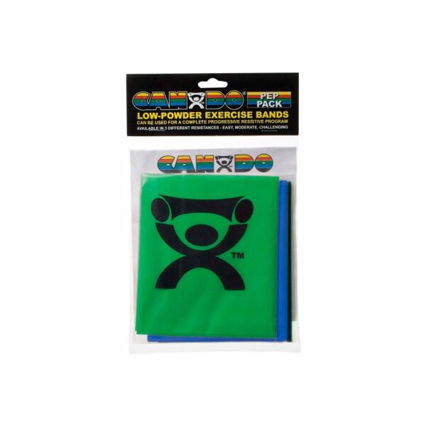 Fabrication Enterprises CanDo Low Powder Exercise Band PEP Pack, 4' Band, Moderate - Green, Blue, Black - 1235526