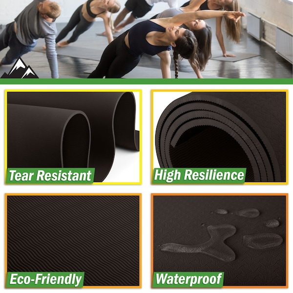 Wakeman Large Yoga Mat - 6x4 Non-Slip 8mm Exercise Mat for Home Workouts by Black - 80-5221