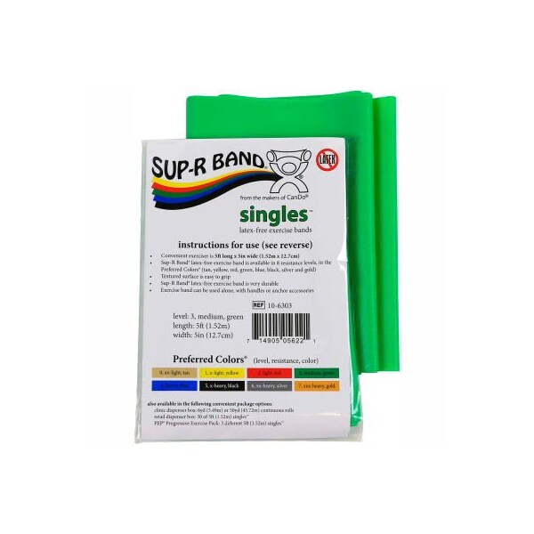 Fabrication Enterprises Sup-R Band Latex Free Exercise Band, 5' Strip, Green, 1/PK - 1608437