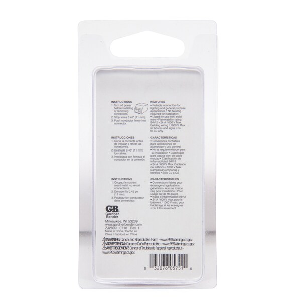 Conector de cables PushGard de Gardner Bender, cables de 22 a 12 AWG, contacto de cobre, material de carcasa de policarbonato - 19-PC2.