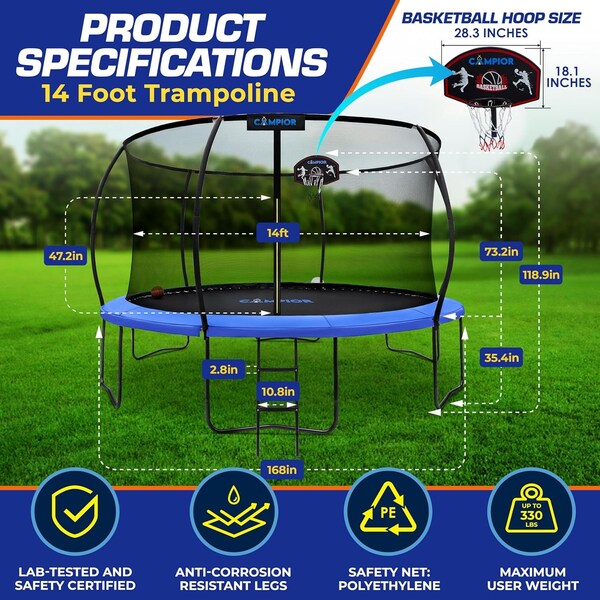 Campior 14ft Pumpkin Trampoline w/ Basketball Hoop, Inner Enclosure, Galvanized Springs, Waterproof Padding - RMTRMP148BLUE