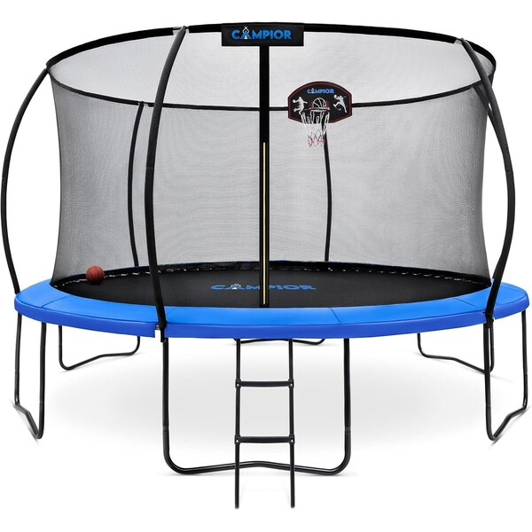 Campior 14ft Pumpkin Trampoline w/ Basketball Hoop, Inner Enclosure, Galvanized Springs, Waterproof Padding - RMTRMP148BLUE