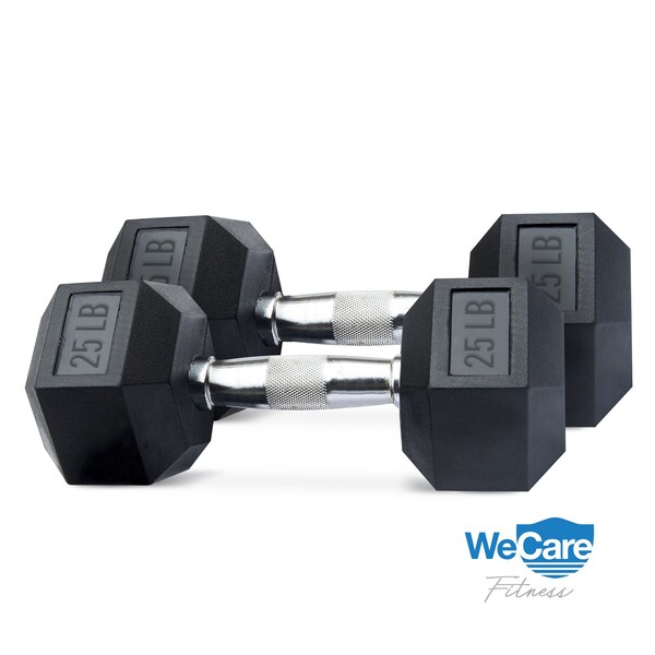 Wecare Fitness Rubber-Coated Chrome Handle 25 Lbs Dumbbells, Set of Two, Black, 2PK - WC-2P-25LB-BK