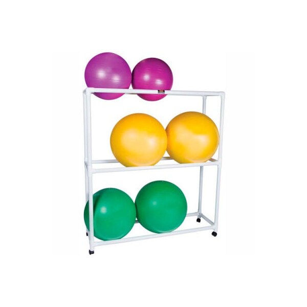 Fabrication Enterprises White PVC Mobile Floor Rack For Inflatable Exercise Balls, 62"L x 20"W x 72"H, 3 Shelves - 30-1832