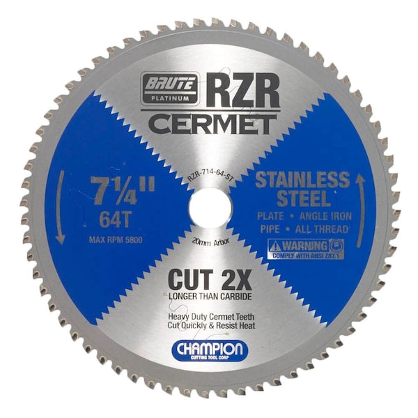 Brute Platinum 7-1/4in Brute RZR Cermet Tipped Circular Saw Blades for Stainless Steel, 64 Teeth, 20mm Arbor - CHA RZR-714-64-ST