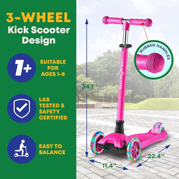 Lifemaster Kids 3-Wheel Scooter with LED Wheels, Adjustable Handlebar, Indoor/Outdoor Pink, 1 Count - LIFSCTPIK