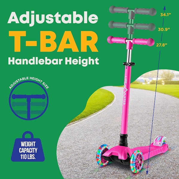 Lifemaster Kids 3-Wheel Scooter with LED Wheels, Adjustable Handlebar, Indoor/Outdoor Pink, 1 Count - LIFSCTPIK
