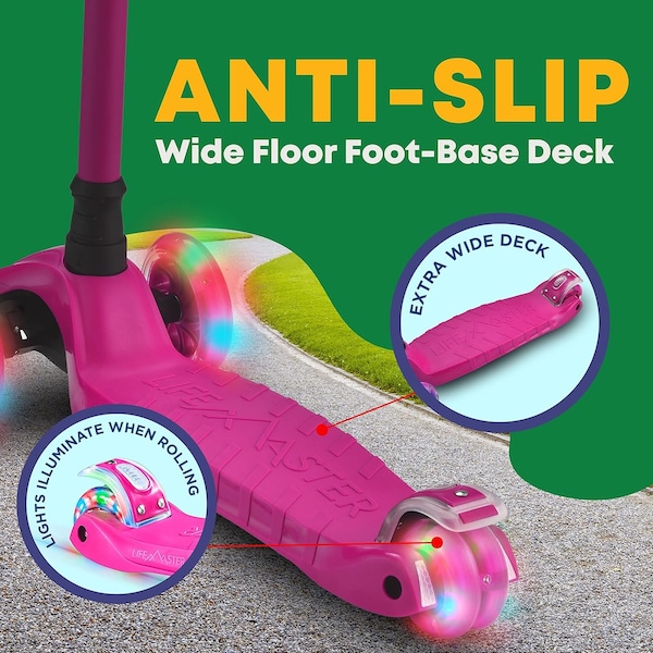 Lifemaster Kids 3-Wheel Scooter with LED Wheels, Adjustable Handlebar, Indoor/Outdoor Pink, 1 Count - LIFSCTPIK