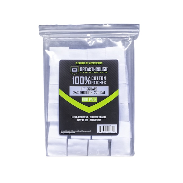 Breakthrough Clean Technologies Cotton Patches, 1.5 in. Square, .243 Thru .27 Caliber, 600-Pack w/ Plastic Tray - BT-CP-S-1-1/2-600