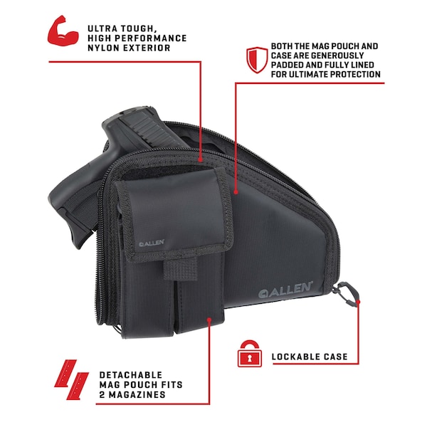 Allen Co Pistol Case with Mag Pouch, Compact Handguns up to 8 in., Black - 78-7