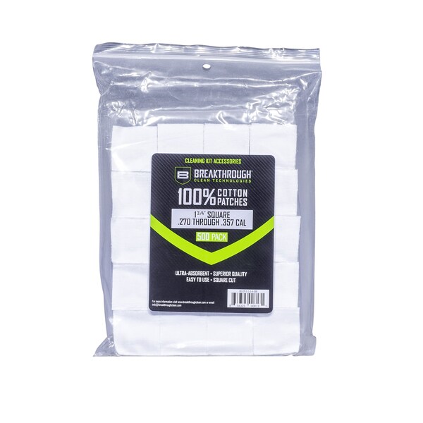 Breakthrough Clean Technologies Cotton Patches, 1.75 in. Square, .27 Thru .357 Caliber, 500-Pack w/ Plastic Tray - BT-CP-S-1-3/4-500