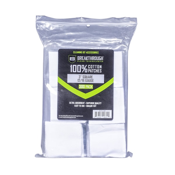 Breakthrough Clean Technologies Cotton Patches, 3 in. Square, 12 & 16-Gauge, 300-Pack w/ Plastic Tray - BT-CP-S-3-300
