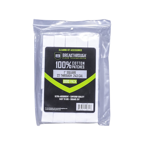 Breakthrough Clean Technologies Cotton Patches, 1 in. Square, .22 Thru .243 Caliber, 1,000-Pack w/ Plastic Tray - BT-CP-S-1-1000