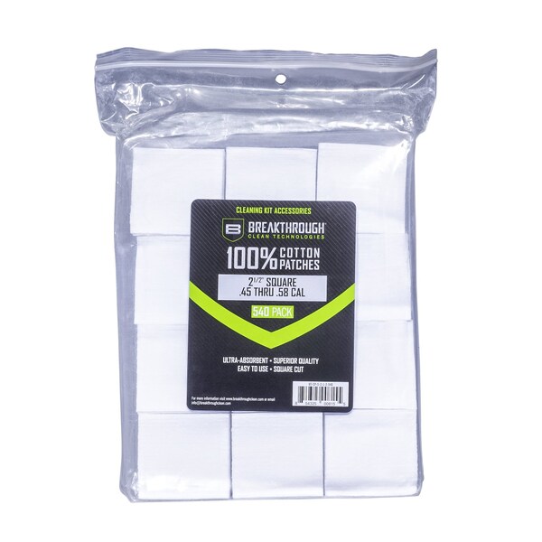 Breakthrough Clean Technologies Cotton Patches, 2.5 in. Square, .45 Thru .58 Caliber, 540-Pack w/ Plastic Tray - BT-CP-S-2-1/2-540
