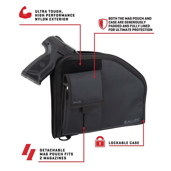 Allen Co Pistol Case with Mag Pouch, Full-Size Handguns up to 9.5 in., Black - 78-9