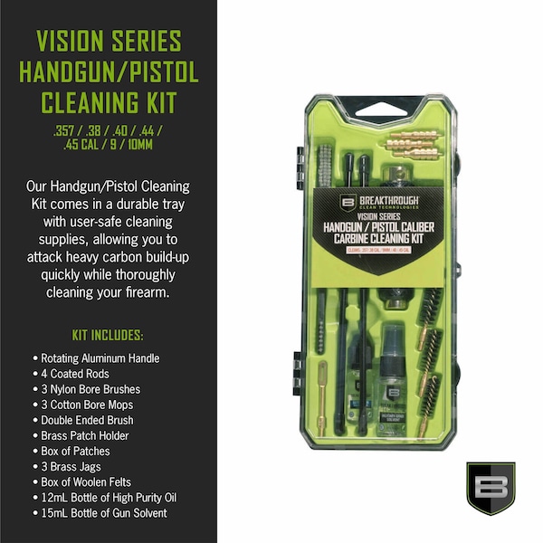 Breakthrough Clean Technologies Vision Series Multi-Caliber Handgun Cleaning Kit, 9mm, .35, .38, .40, & .45 Caliber, Multi-Color - BT-CCC-HG/PCC