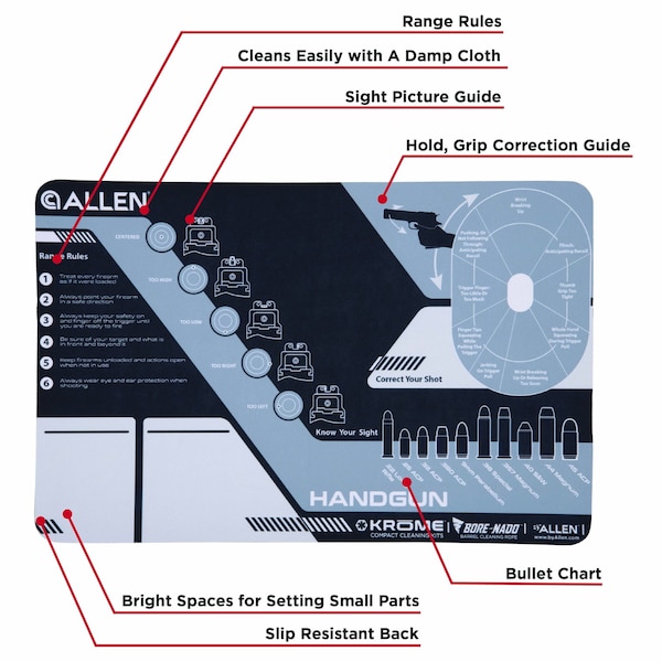 Allen Co Krome Handgun Shooting Range & Cleaning Mat, 16.5 in. L x 11 in. W, Black/Gray - 70547