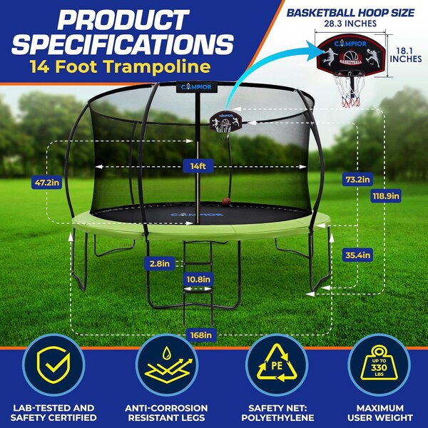 Campior 14ft Pumpkin Trampoline w/ Basketball Hoop, Inner Enclosure, Galvanized Springs, Waterproof Padding - RMTRMP149GRN