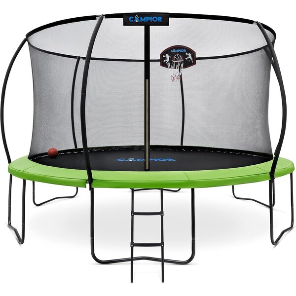 Campior 14ft Pumpkin Trampoline w/ Basketball Hoop, Inner Enclosure, Galvanized Springs, Waterproof Padding - RMTRMP149GRN