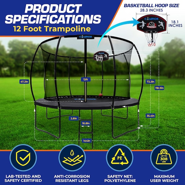 Campior 12ft Pumpkin Trampoline with Luxury Ladder, Basketball Hoop, Inner Enclosure, Family-Friendly Fun - RMTRMP123BK