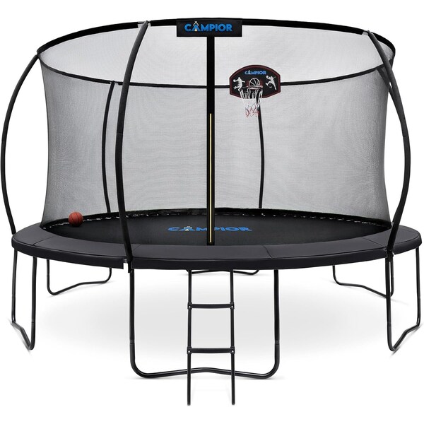 Campior 14ft Pumpkin Trampoline w/ Basketball Hoop, Inner Enclosure, Galvanized Springs, Waterproof Padding - RMTRMP145BK