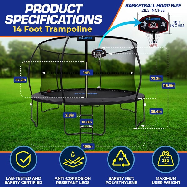 Campior 14ft Pumpkin Trampoline w/ Basketball Hoop, Inner Enclosure, Galvanized Springs, Waterproof Padding - RMTRMP145BK