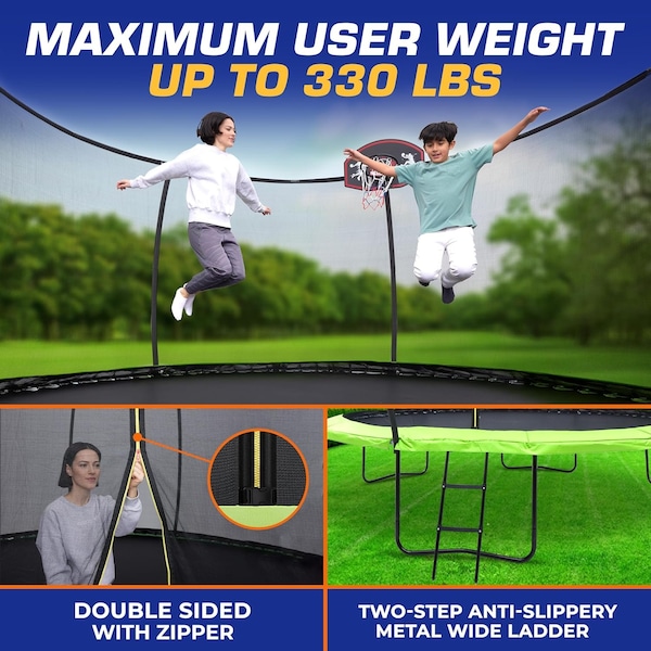 Campior 14ft Pumpkin Trampoline w/ Basketball Hoop, Inner Enclosure, Galvanized Springs, Waterproof Padding - RMTRMP145BK