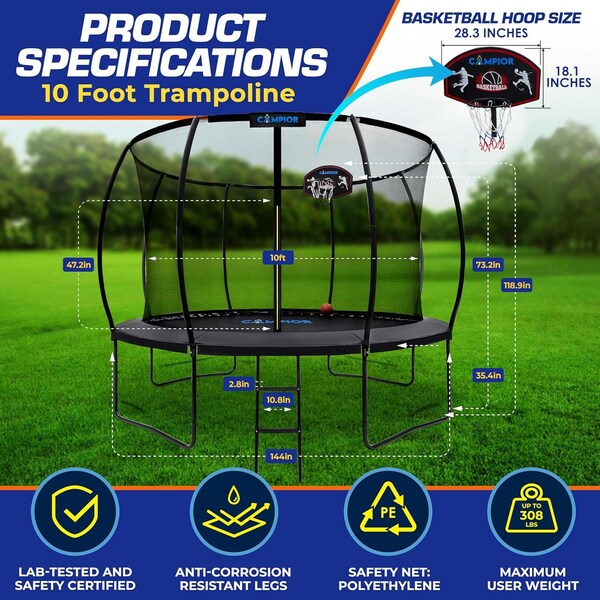 Campior 10ft Pumpkin Trampoline with Luxury Ladder, Basketball Hoop, Safe, Durable, Family Fun, Enclosure. - RMTRMP102BK