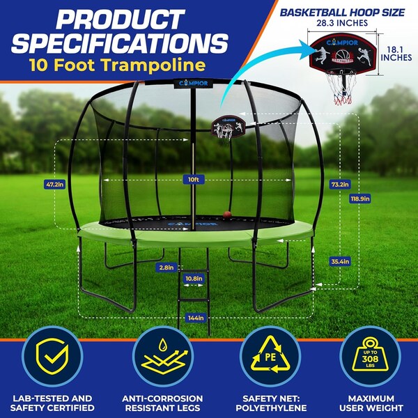Campior 10ft Pumpkin Trampoline with Luxury Ladder, Basketball Hoop, Safe, Durable, Family Fun, Enclosure - RMTRMP106GRN