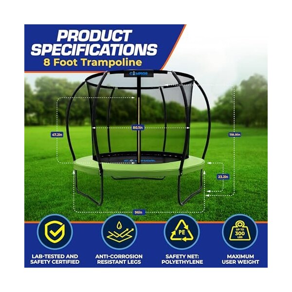 Campior 8ft Pumpkin Trampoline with Inner Enclosure, Safe Curved Poles, UV Mat, Galvanized Springs - RMTRMP86GRN