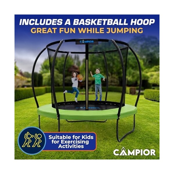 Campior 8ft Pumpkin Trampoline with Inner Enclosure, Safe Curved Poles, UV Mat, Galvanized Springs - RMTRMP86GRN