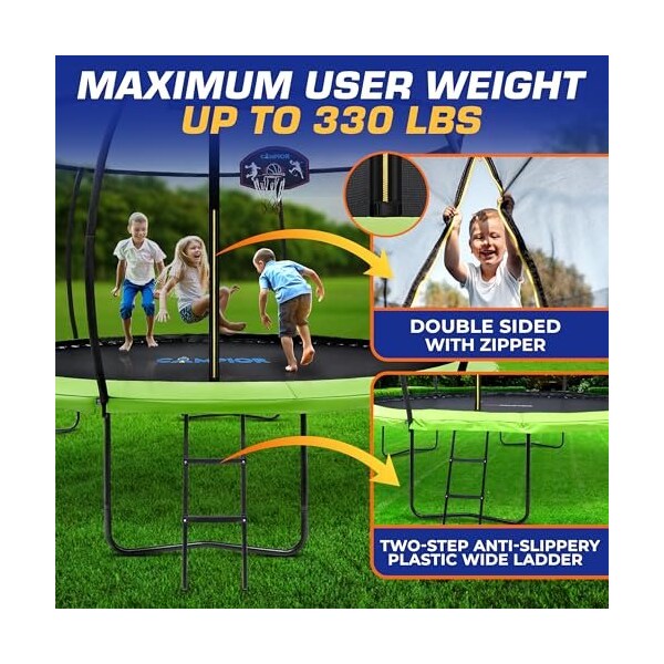 Campior 8ft Pumpkin Trampoline with Inner Enclosure, Safe Curved Poles, UV Mat, Galvanized Springs - RMTRMP86GRN