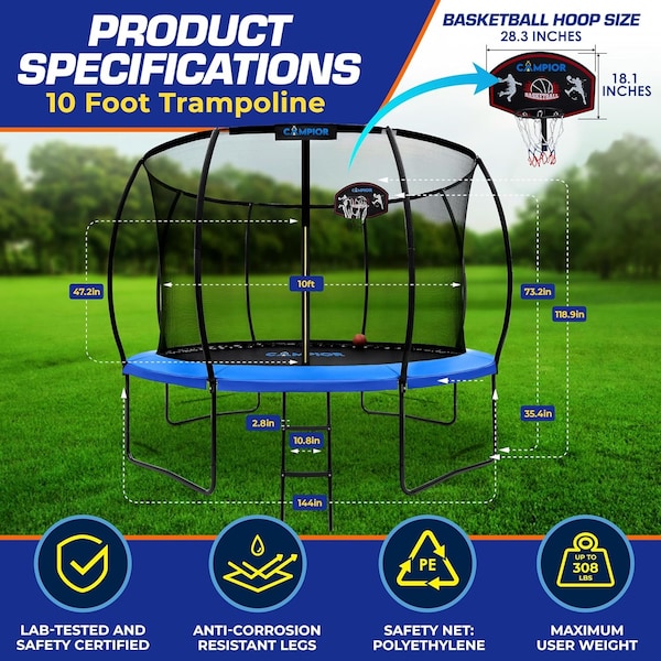Campior 10ft Pumpkin Trampoline with Luxury Ladder, Basketball Hoop, Safe, Durable, Family Fun, Enclosure - RMTRMP104BLUE
