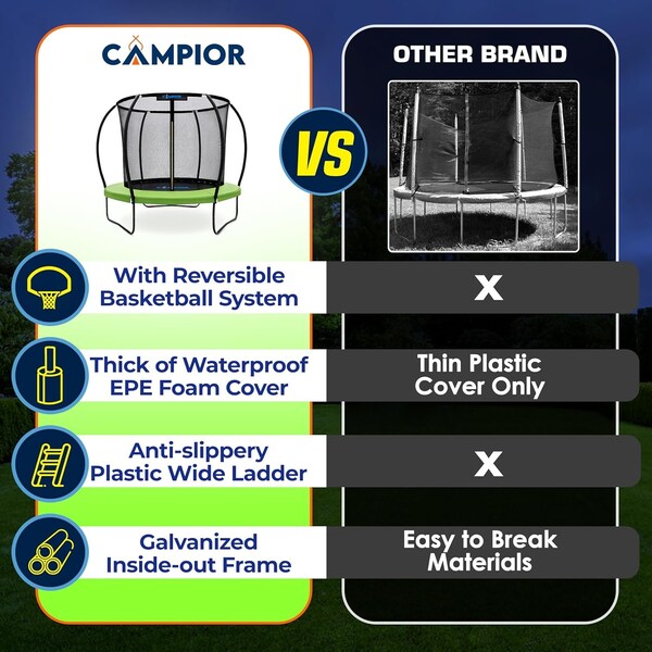 Campior Pumpkin 8ft Trampoline for Kids and Adults, Outdoor with Basketball Hoop, Heavy Duty, Black - RMTRMP88