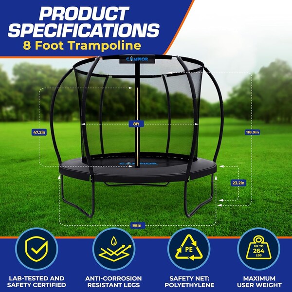 Campior Pumpkin 8ft Trampoline for Kids and Adults, Outdoor with Basketball Hoop, Heavy Duty, Black - RMTRMP88