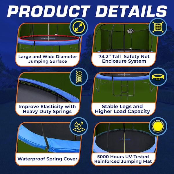 Campior 8ft Pumpkin Trampoline with Inner Enclosure, Safe Poles, UV Mat, Galvanized Springs, Easy Assembly - RMTRMP84BLUE