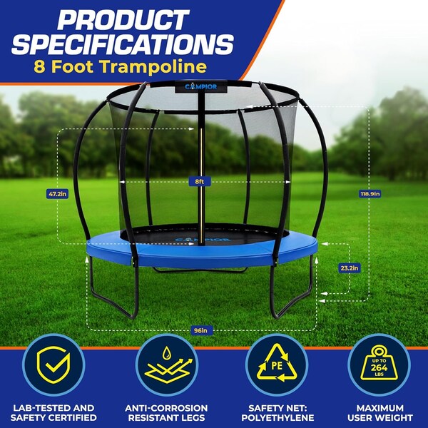 Campior 8ft Pumpkin Trampoline with Inner Enclosure, Safe Poles, UV Mat, Galvanized Springs, Easy Assembly - RMTRMP84BLUE