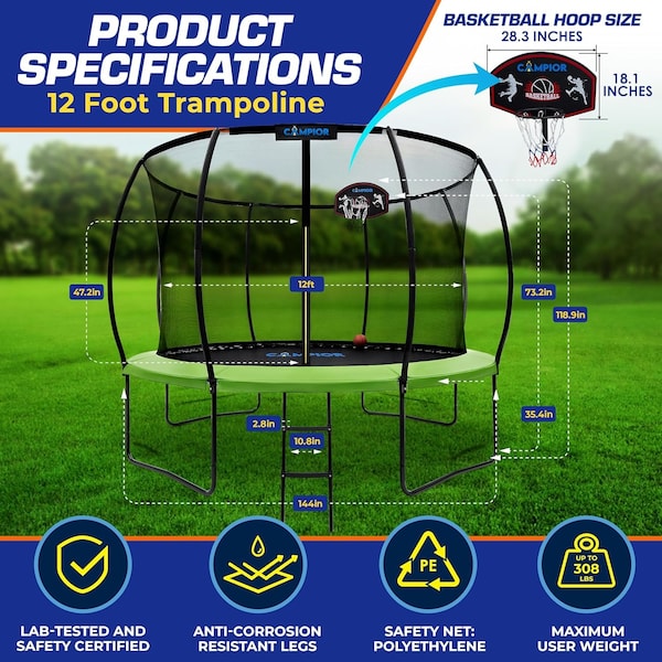 Campior 12ft Pumpkin Trampoline with Luxury Ladder, Basketball Hoop, Inner Enclosure, Safe, Durable Fun - RMTRMP127GRN