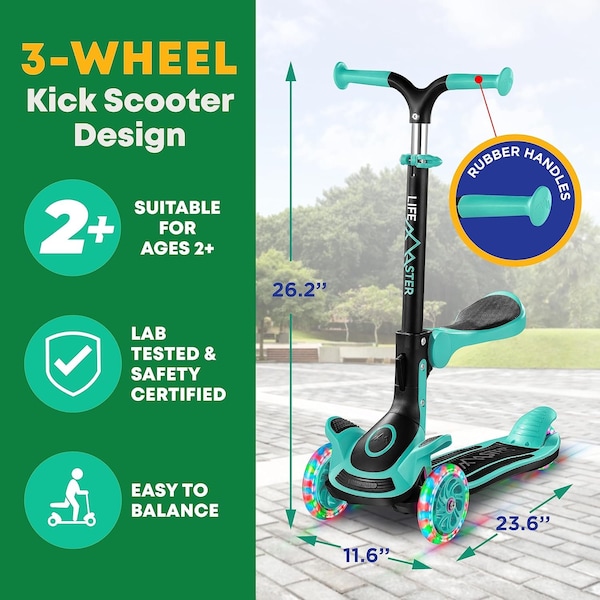 Lifemaster Kids 3-Wheel Scooter with LED Lights, Foldable Seat and Adjustable Handlebar by - LIFMS88