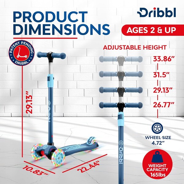 Dribbl 3-Wheel Kids Scooter, Lean-to-Steer, Adjustable Handle, Anti-Slip Deck, Blue, Ages 2+ - DBKS03