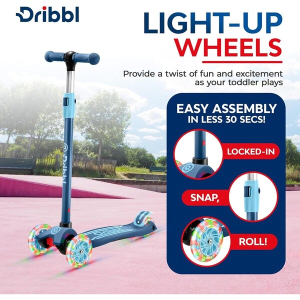 Dribbl 3-Wheel Kids Scooter, Lean-to-Steer, Adjustable Handle, Anti-Slip Deck, Blue, Ages 2+ - DBKS03
