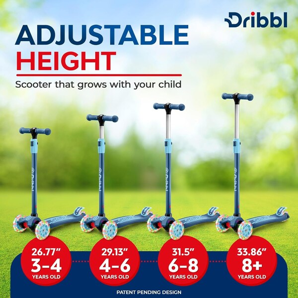 Dribbl 3-Wheel Kids Scooter, Lean-to-Steer, Adjustable Handle, Anti-Slip Deck, Blue, Ages 2+ - DBKS03