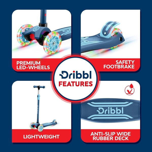 Dribbl 3-Wheel Kids Scooter, Lean-to-Steer, Adjustable Handle, Anti-Slip Deck, Blue, Ages 2+ - DBKS03