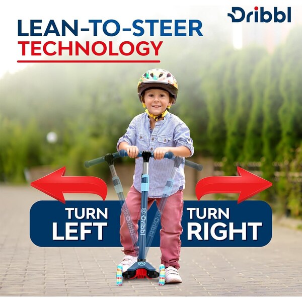 Dribbl 3-Wheel Kids Scooter, Lean-to-Steer, Adjustable Handle, Anti-Slip Deck, Blue, Ages 2+ - DBKS03