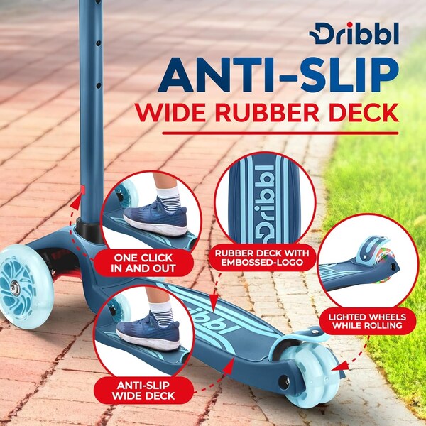 Dribbl 3-Wheel Kids Scooter, Lean-to-Steer, Adjustable Handle, Anti-Slip Deck, Blue, Ages 2+ - DBKS03