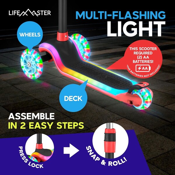 Lifemaster 3-Wheel Kids Scooter, LED Deck and Wheels, 5-Height Adjustable Handlebar, Red - LMLUSB24