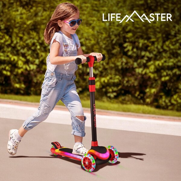 Lifemaster 3-Wheel Kids Scooter, LED Deck and Wheels, 5-Height Adjustable Handlebar, Red - LMLUSB24