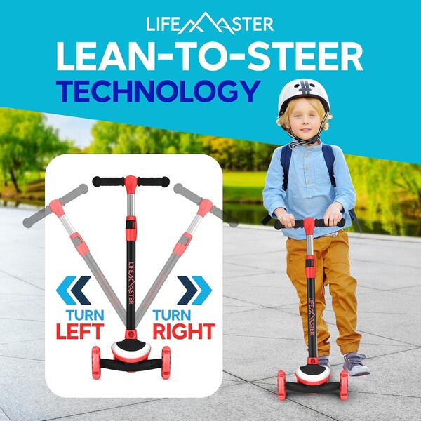 Lifemaster 3-Wheel Kids Scooter, LED Deck and Wheels, 5-Height Adjustable Handlebar, Red - LMLUSB24