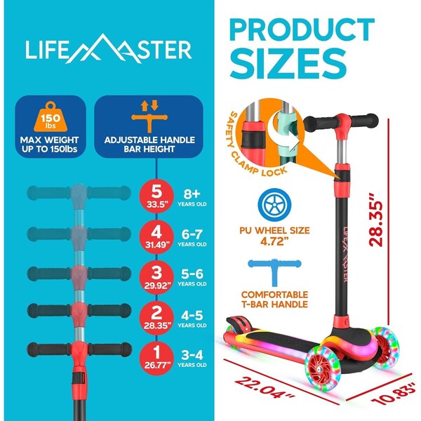 Lifemaster 3-Wheel Kids Scooter, LED Deck and Wheels, 5-Height Adjustable Handlebar, Red - LMLUSB24